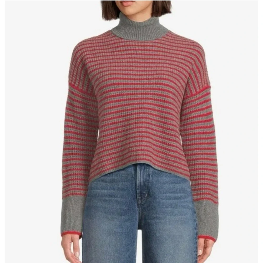 NWT‎ Madewell Red Pine Stripe 100% Wool Waffle Turtleneck Sweater Size XL